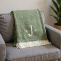 55 X 70 Moss Green And White Herringbone Cotton Blend J Throw Blanket with Tassels And Embroidery