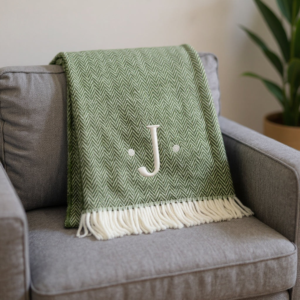 55 X 70 Moss Green And White Herringbone Cotton Blend J Throw Blanket with Tassels And Embroidery