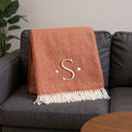 55 X 70 Terra Cotta And White Herringbone Cotton Blend S Initial Throw Blanket with Tassels And Embroidery