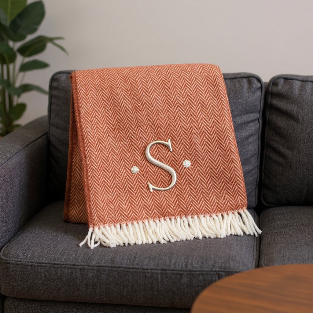 55 X 70 Terra Cotta And White Herringbone Cotton Blend S Initial Throw Blanket with Tassels And Embroidery
