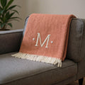 55 X 70 Terra Cotta And White Herringbone Cotton Blend M Initial Throw Blanket with Tassels And Embroidery