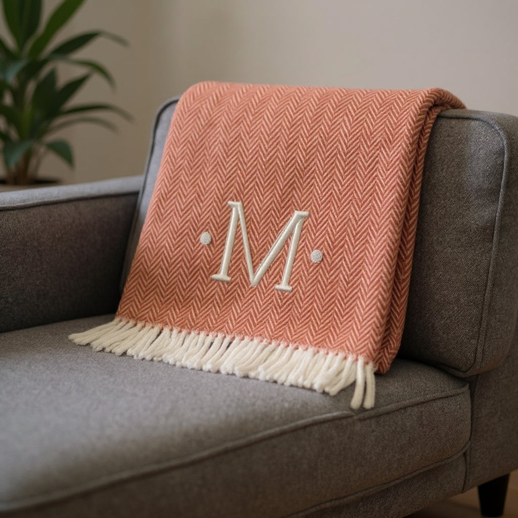 55 X 70 Terra Cotta And White Herringbone Cotton Blend M Initial Throw Blanket with Tassels And Embroidery