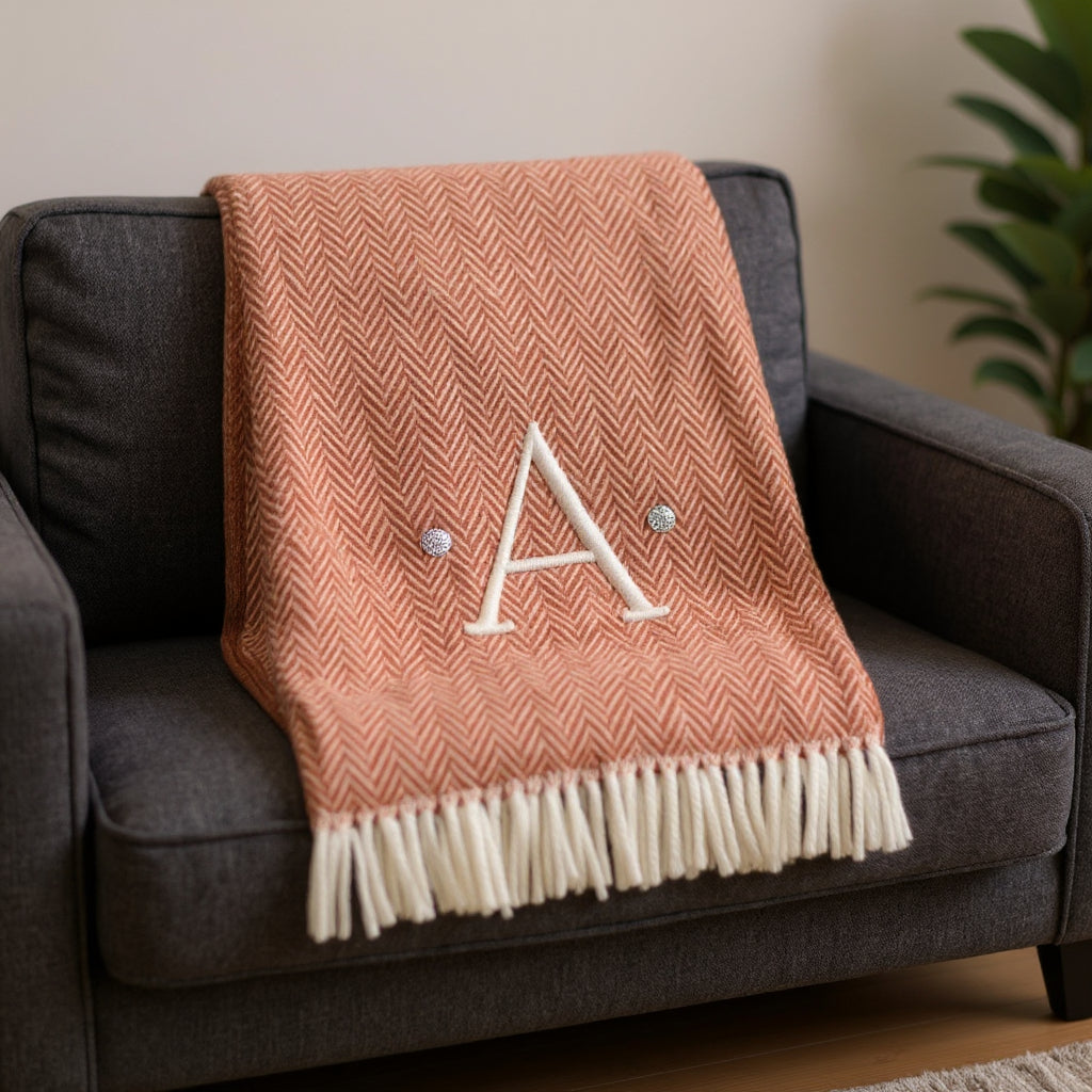 55 X 70 Terra Cotta And White Herringbone Cotton Blend A Initial Throw Blanket with Tassels And Embroidery
