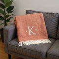 55 X 70 Terra Cotta And White Herringbone Cotton Blend K Initial Throw Blanket with Tassels And Embroidery