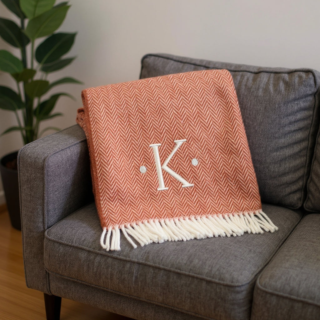 55 X 70 Terra Cotta And White Herringbone Cotton Blend K Initial Throw Blanket with Tassels And Embroidery
