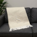 55 X 70 Linen And White Herringbone Cotton Blend S Initial Throw Blanket with Tassels And Embroidery