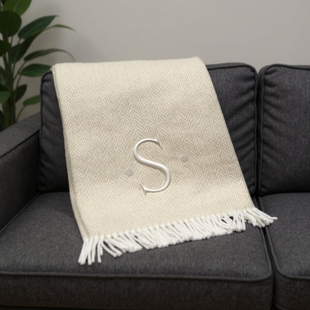 55 X 70 Linen And White Herringbone Cotton Blend S Initial Throw Blanket with Tassels And Embroidery