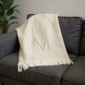 55 X 70 Linen And White Herringbone Cotton Blend M Initial Throw Blanket with Tassels And Embroidery