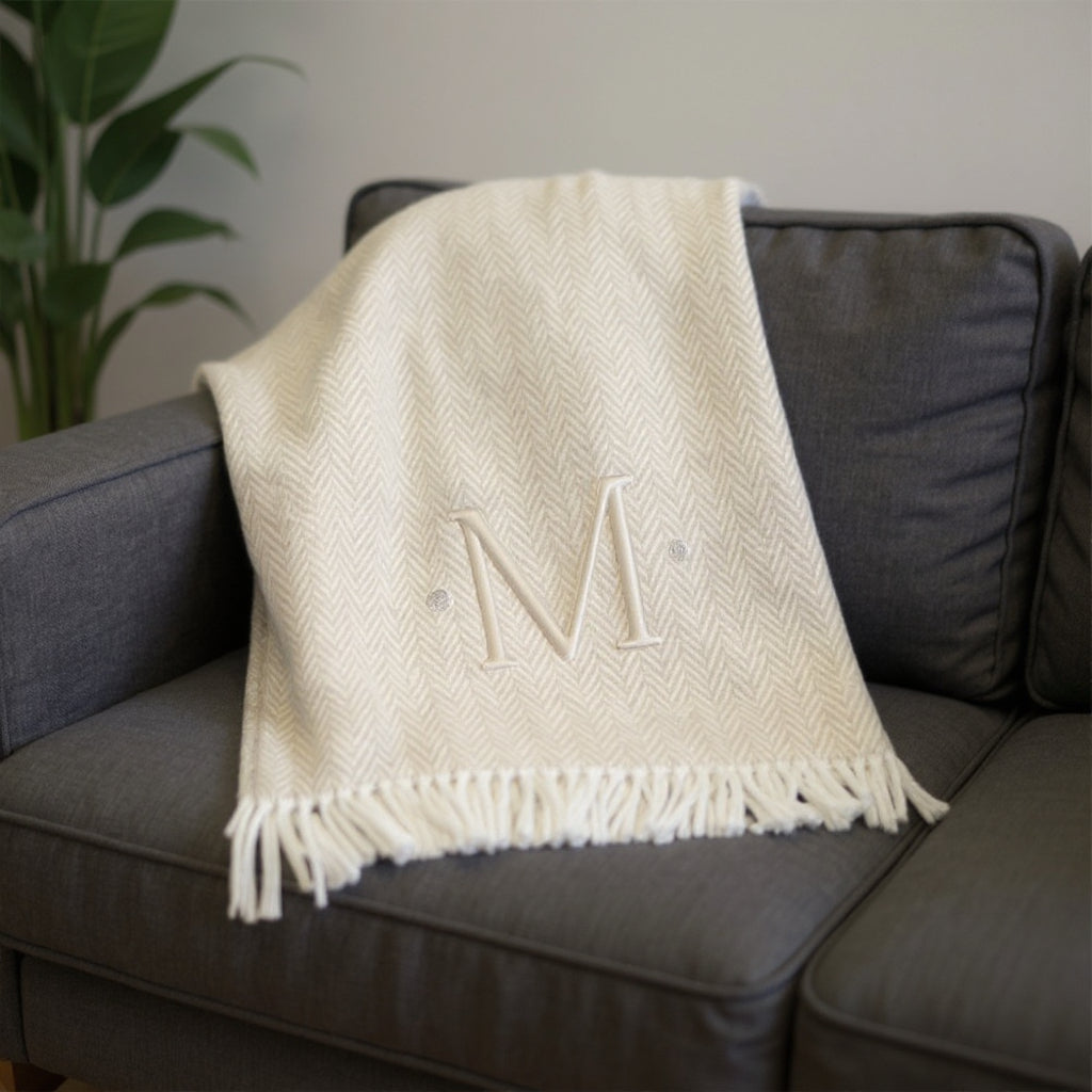 55 X 70 Linen And White Herringbone Cotton Blend M Initial Throw Blanket with Tassels And Embroidery