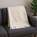 55 X 70 Linen And White Herringbone Cotton Blend C Initial Throw Blanket with Tassels And Embroidery