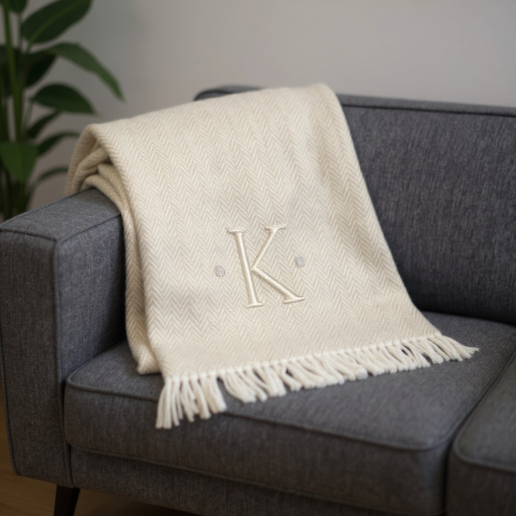 55 X 70 Linen And White Herringbone Cotton Blend K Initial Throw Blanket with Tassels And Embroidery