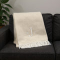 55 X 70 Linen And White Herringbone Cotton Blend J Throw Blanket with Tassels And Embroidery