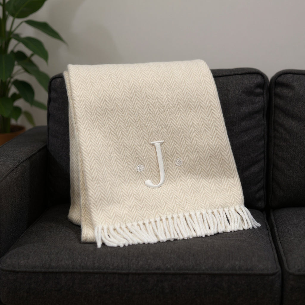 55 X 70 Linen And White Herringbone Cotton Blend J Throw Blanket with Tassels And Embroidery