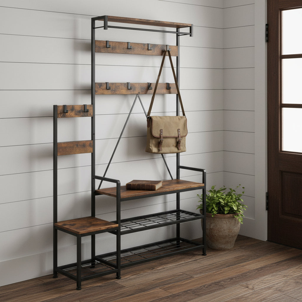 71 Inch Black And Brown Rustic Ten Hook Coat Rack Storage Bench