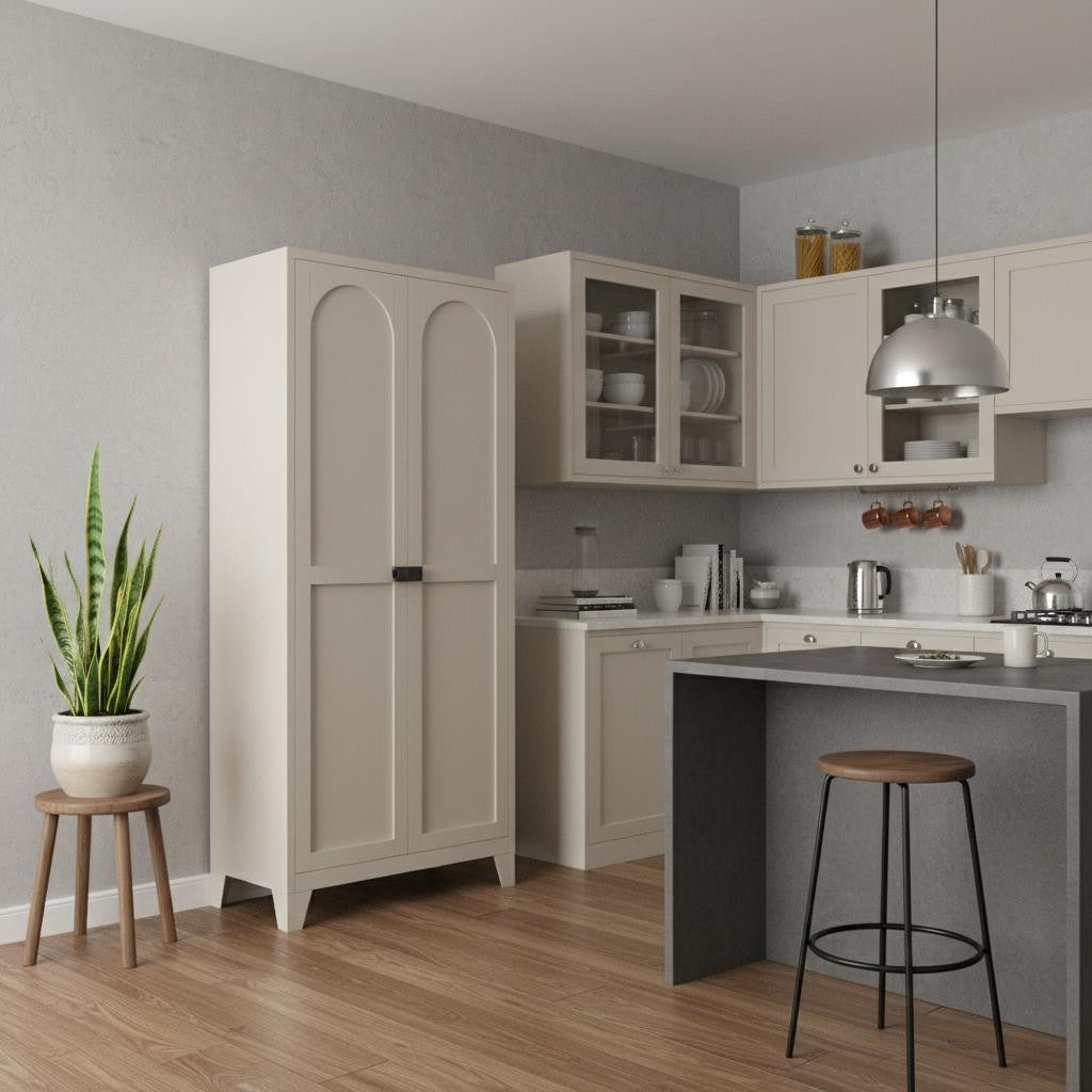 71 Cream Stainless Steel Locking Pantry Or Storage Closet With Arched Panel Doors