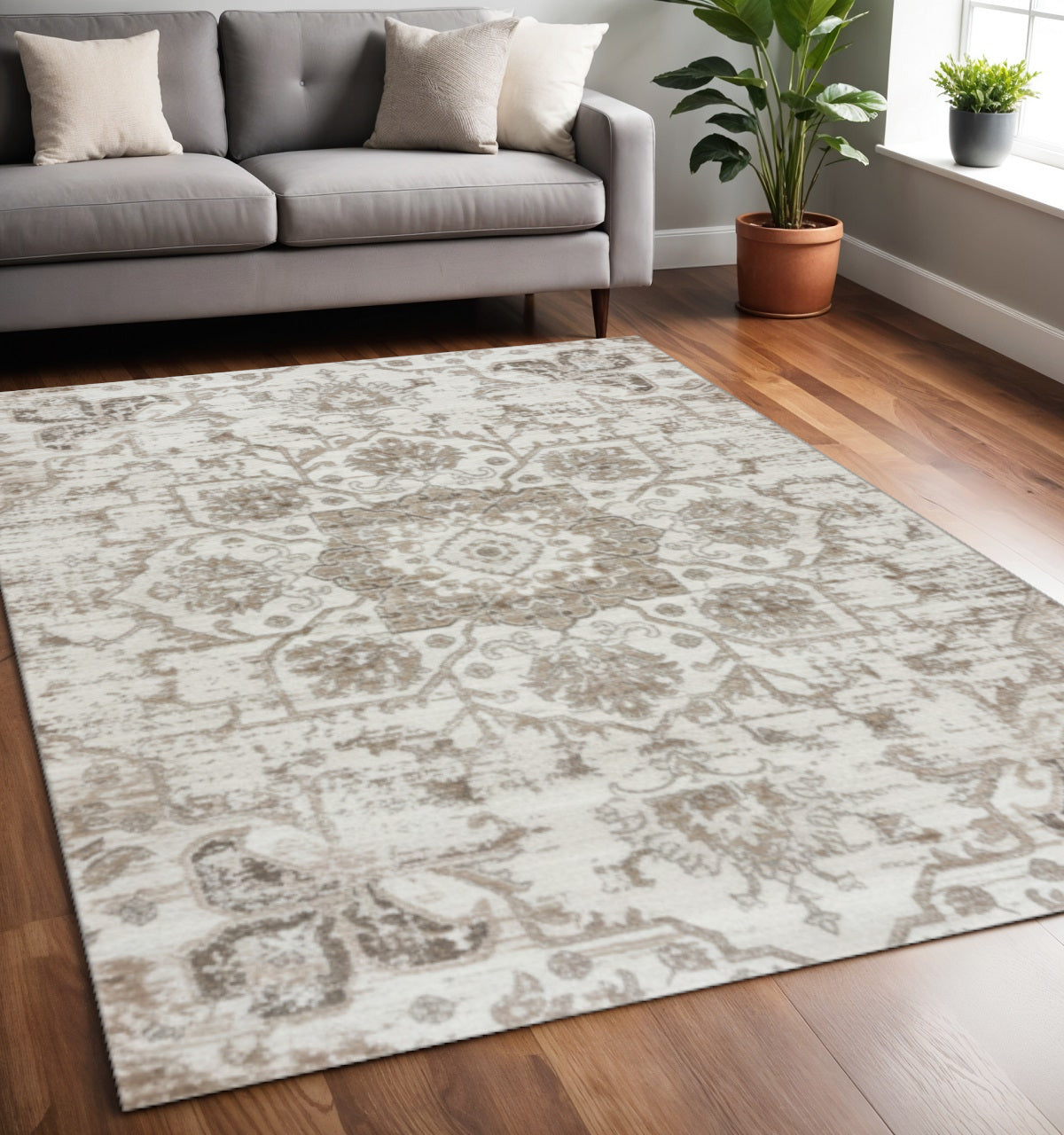 5 X 8 Cream Gray And Light Brown Medallion Area Rug