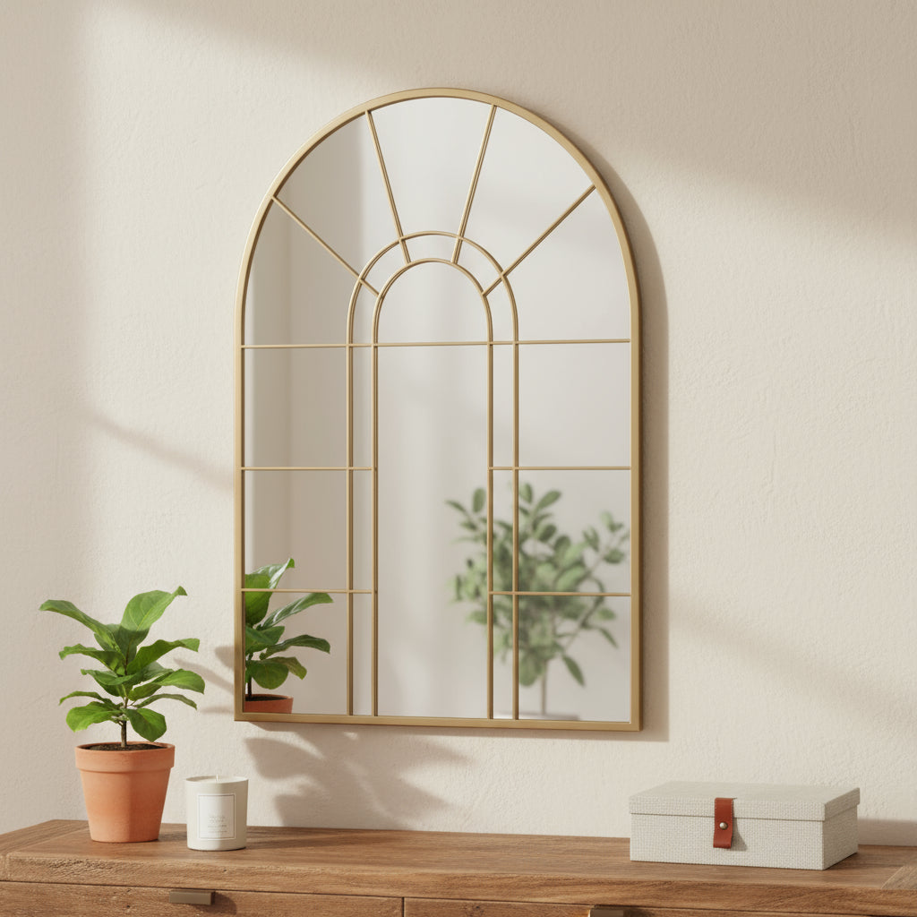41 Inch Gold Arch Metal Window Pane Framed Accent Mirror