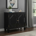 34 Black Wood Carved Geometric Accent Cabinet With Two Doors