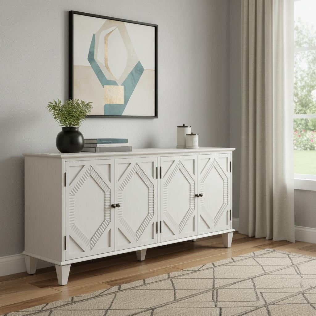 66 White Wood Carved Geometric Accent Cabinet With Four Doors