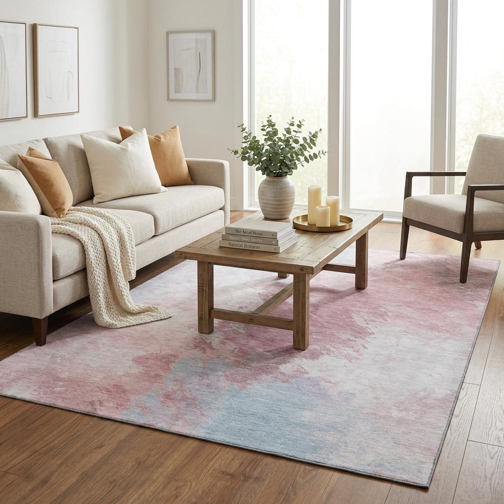 5 X 8 Blush Blue And Ivory Abstract Washable Area Rug With UV Protection