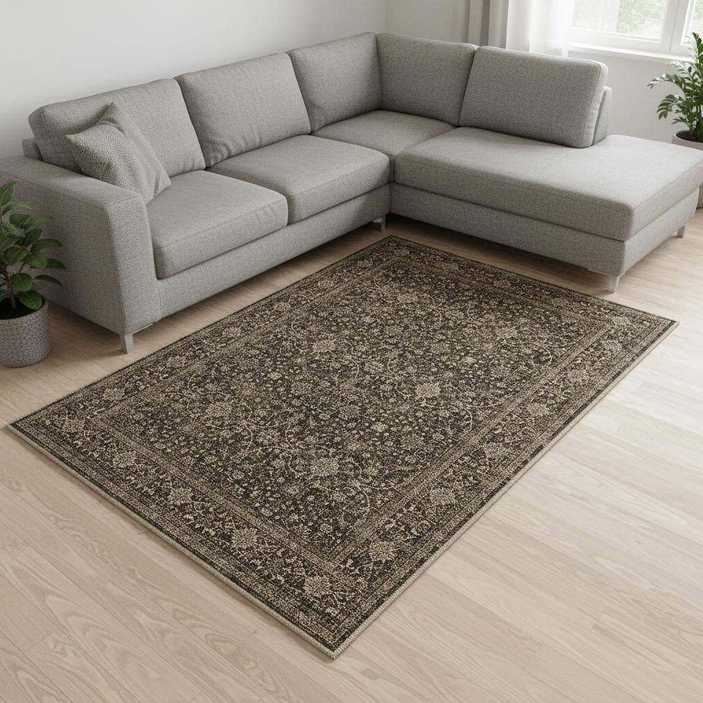 6 X 9 Brown And Beige Floral Medallion Washable Area Rug