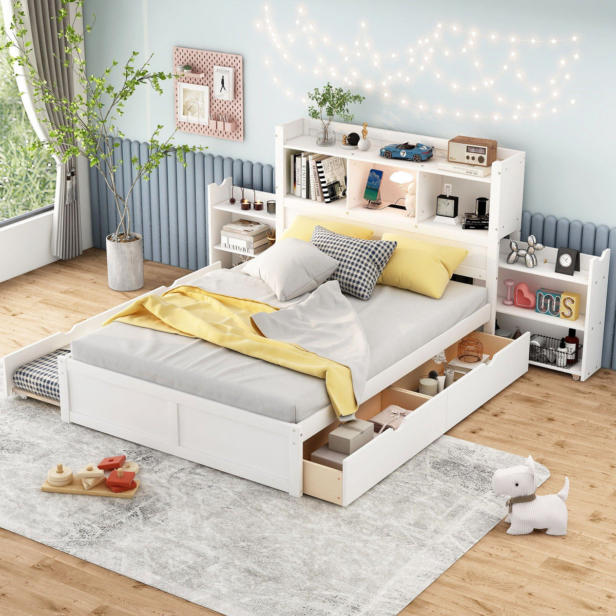 Storage Platform Bed With Pull Out Shelves, Trundle, And 2 Drawers