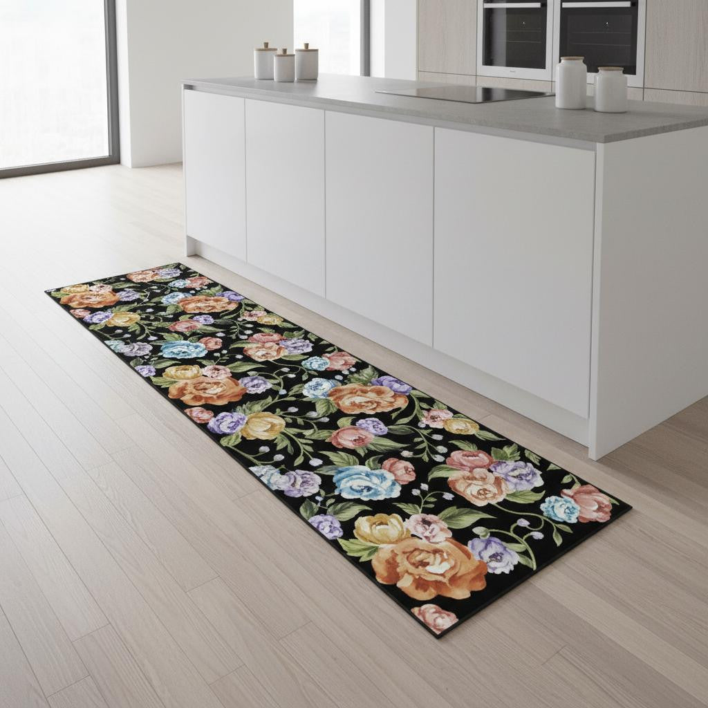 8 Black Green And Orange Floral Washable Runner Rug