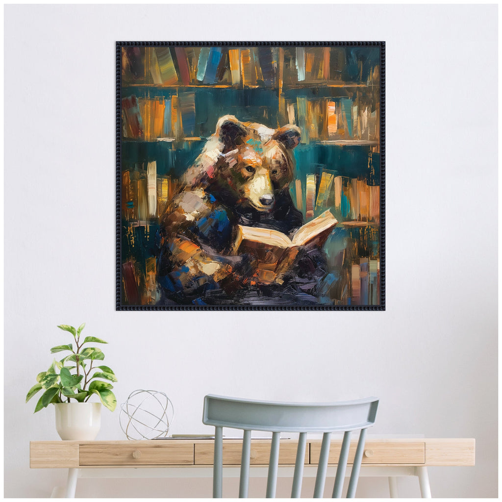 Sylvie Traditional Bear Reading in Library Framed Canvas by The Creative Bunch Studio