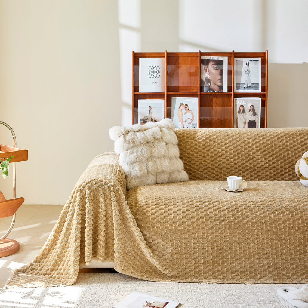 Thick Plush Non-Slip Sofa Throw Cover, Warm Soft Faux Fur Couch Protector for Winter