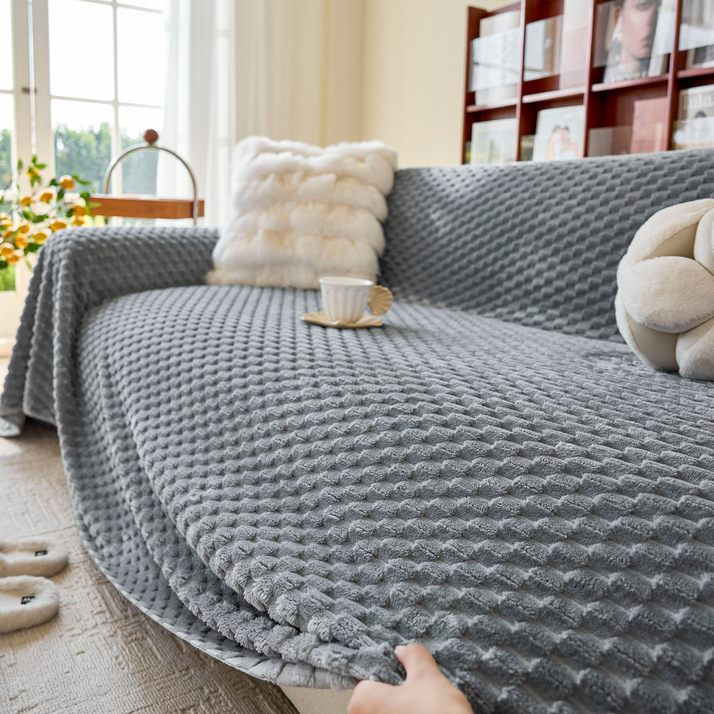 Thick Plush Non-Slip Sofa Throw Cover, Warm Soft Faux Fur Couch Protector for Winter