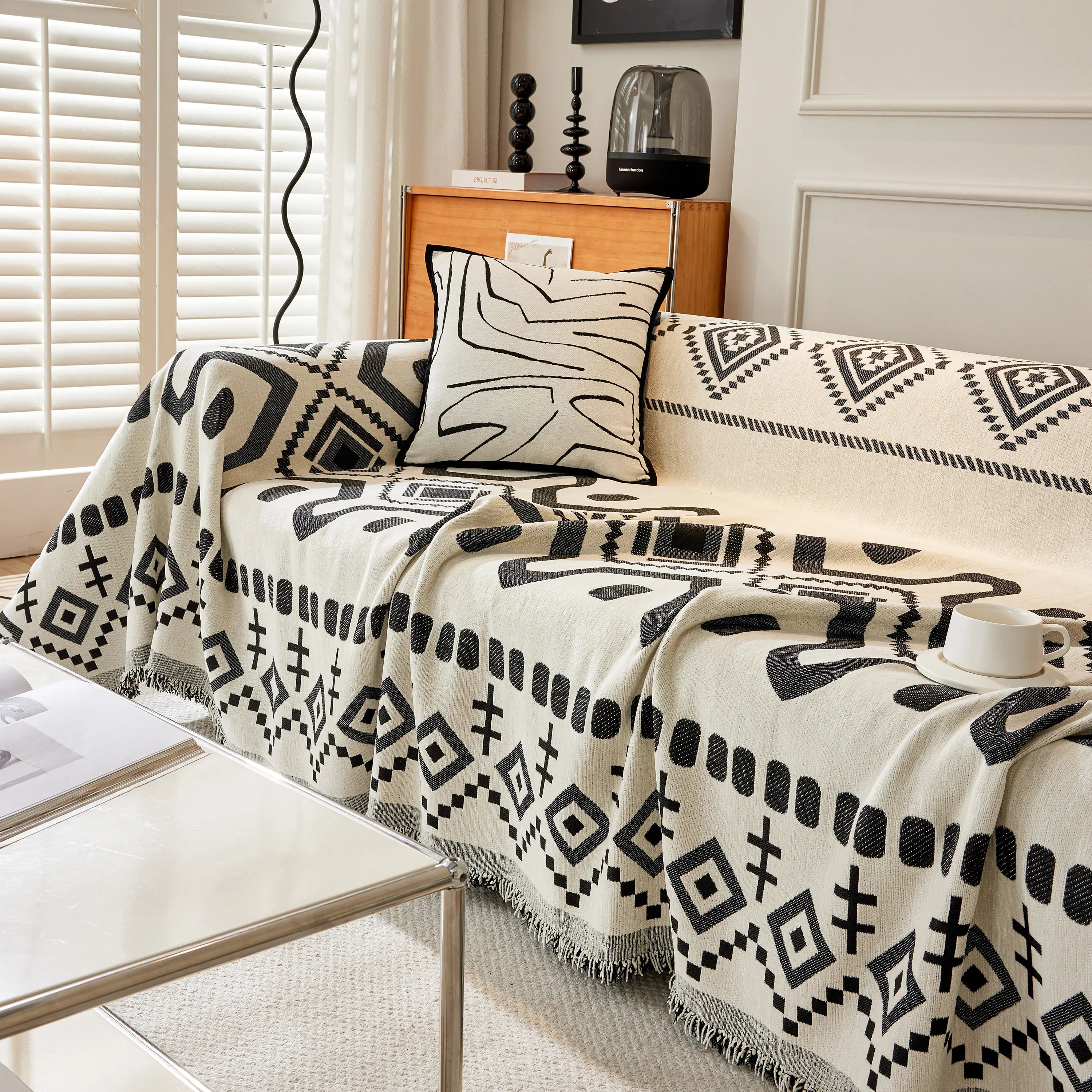 Boho Geometric Chenille Throw Sofa Cover Soft Textured Decorative Couch Blanket