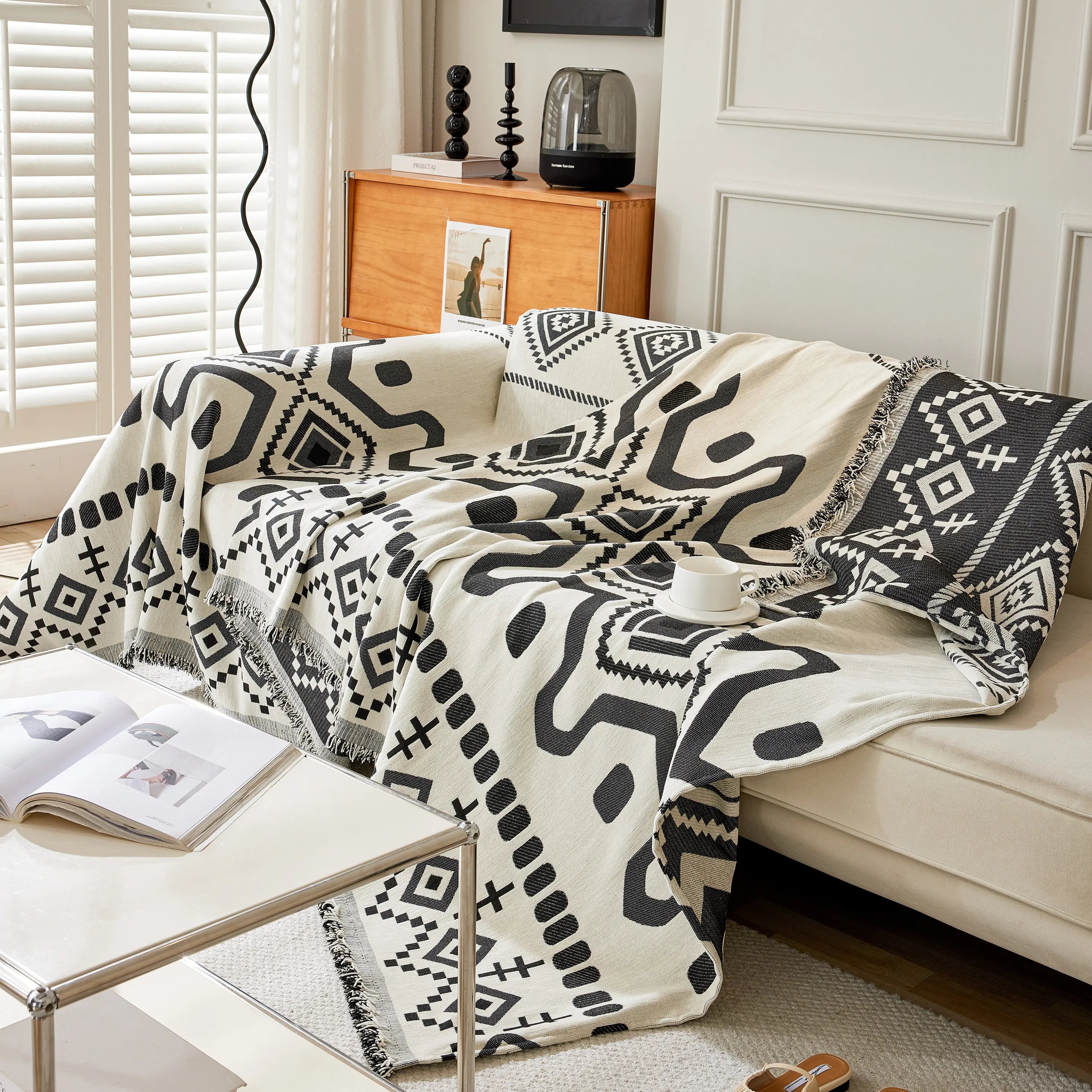 Boho Geometric Chenille Throw Sofa Cover Soft Textured Decorative Couch Blanket