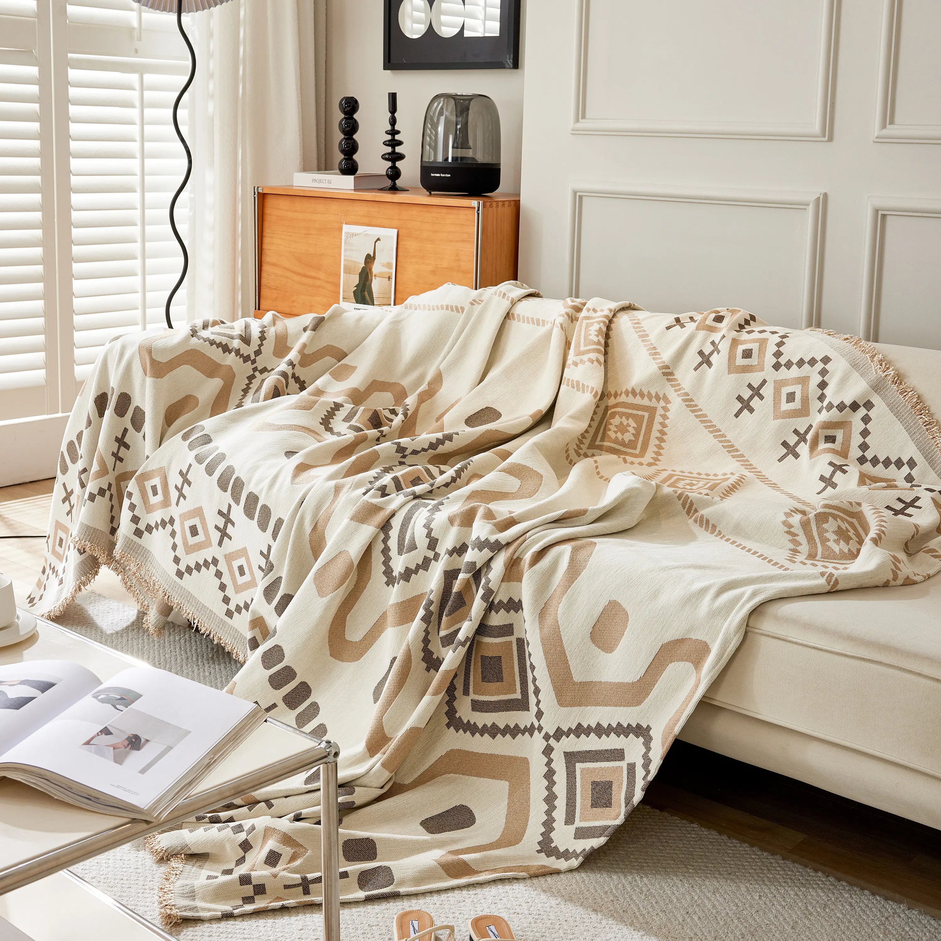 Boho Geometric Chenille Throw Sofa Cover Soft Textured Decorative Couch Blanket