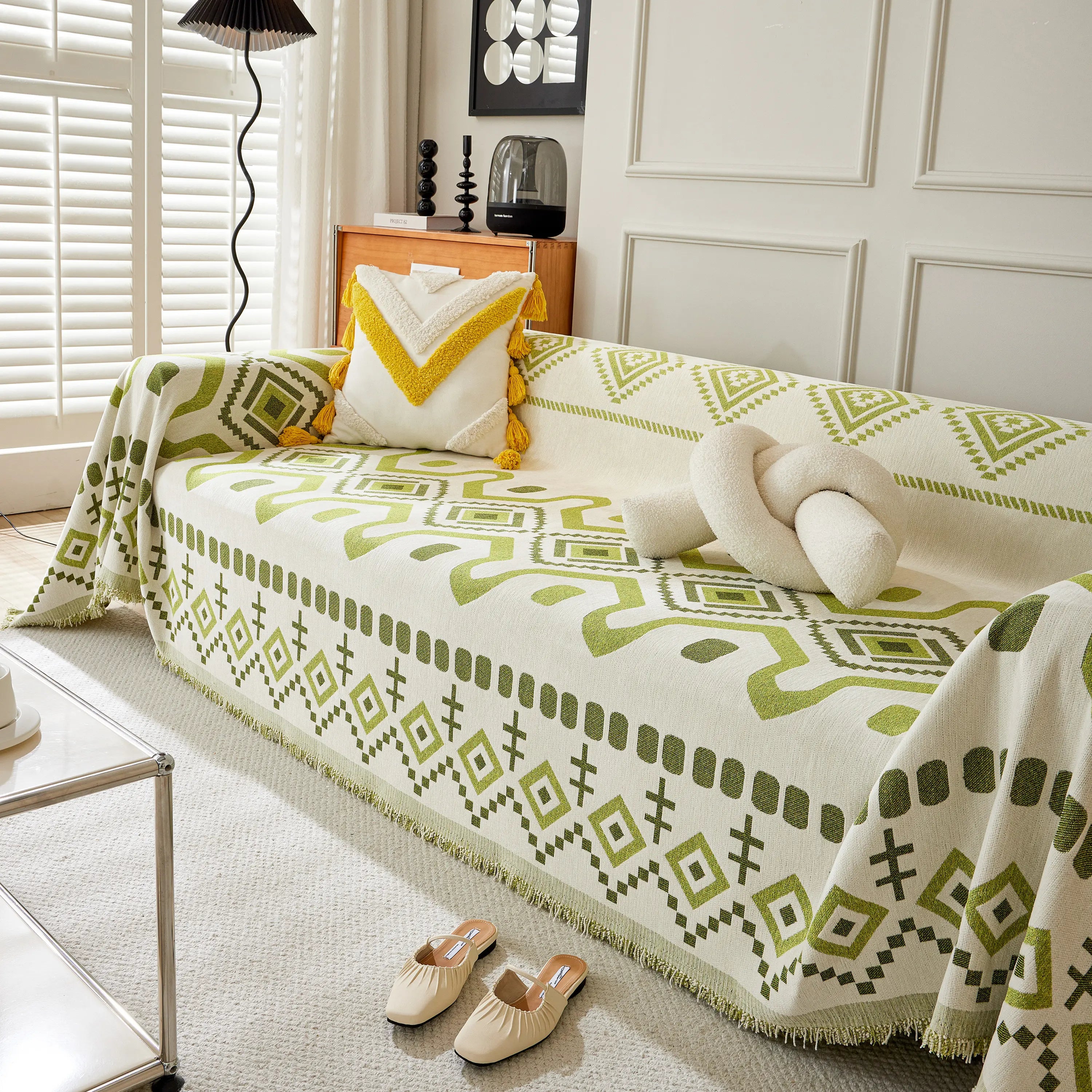 Boho Geometric Chenille Throw Sofa Cover Soft Textured Decorative Couch Blanket