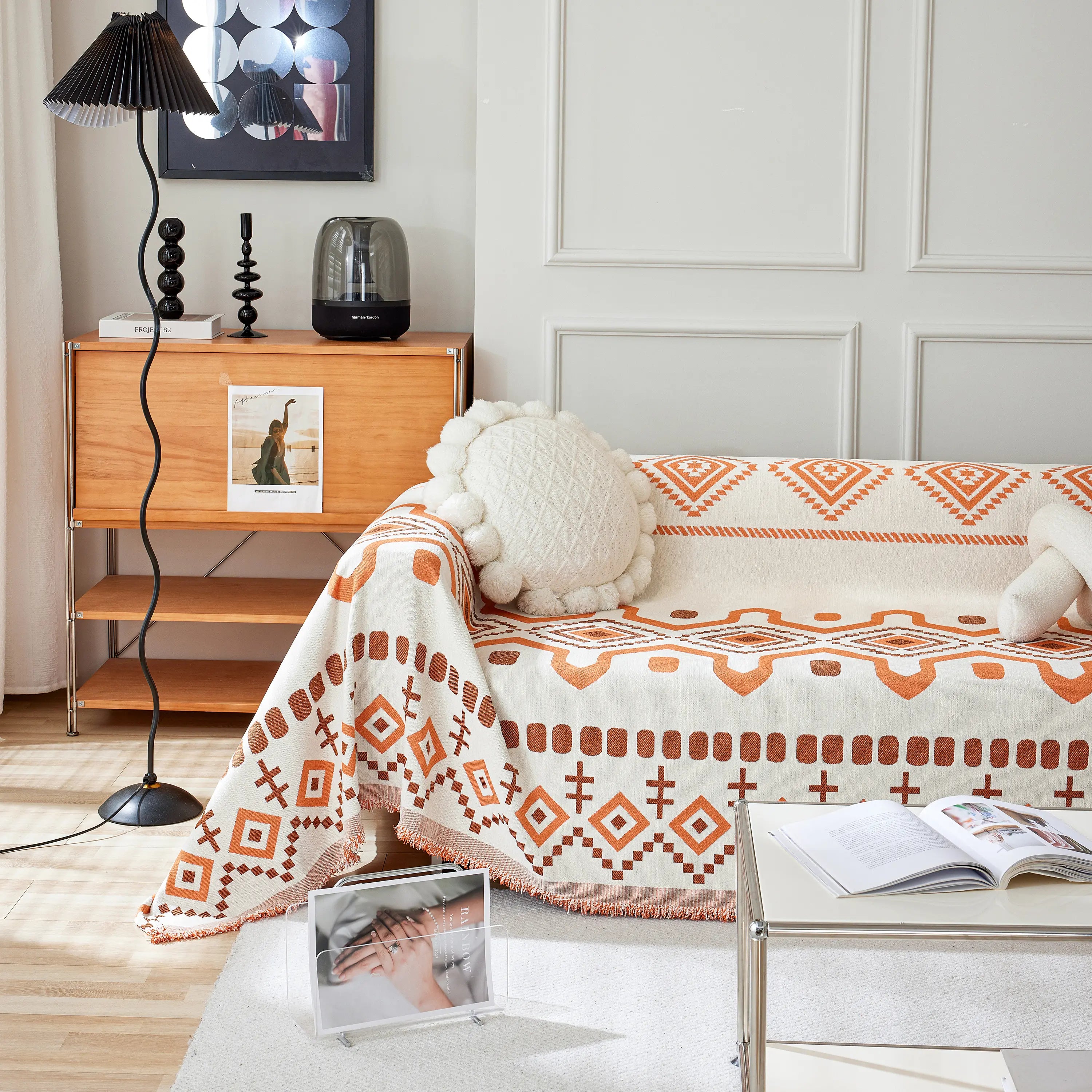 Boho Geometric Chenille Throw Sofa Cover Soft Textured Decorative Couch Blanket