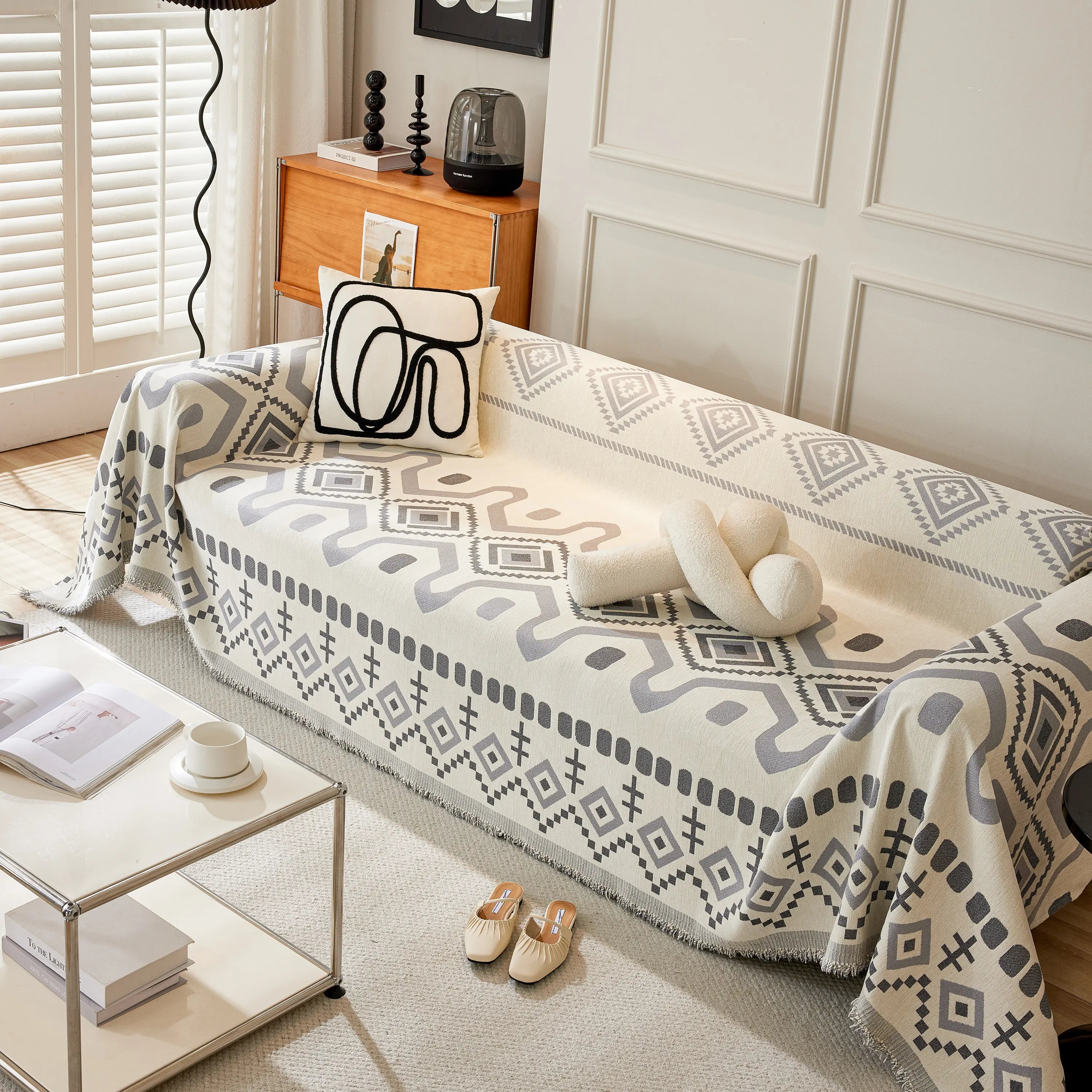 Boho Geometric Chenille Throw Sofa Cover Soft Textured Decorative Couch Blanket