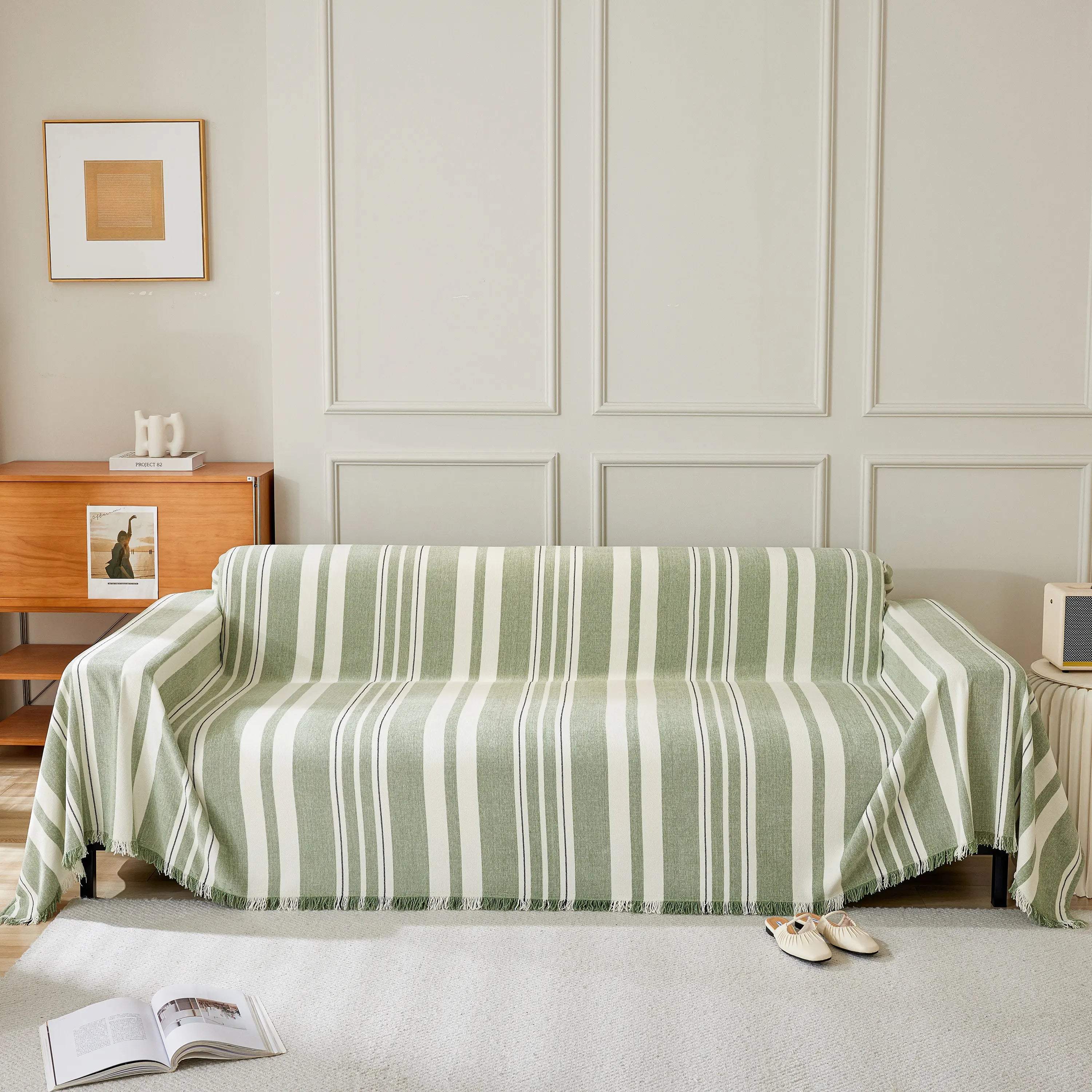 Striped Chenille Sofa Slipcover Throw, Soft Thick Washable Couch Cover Blanket