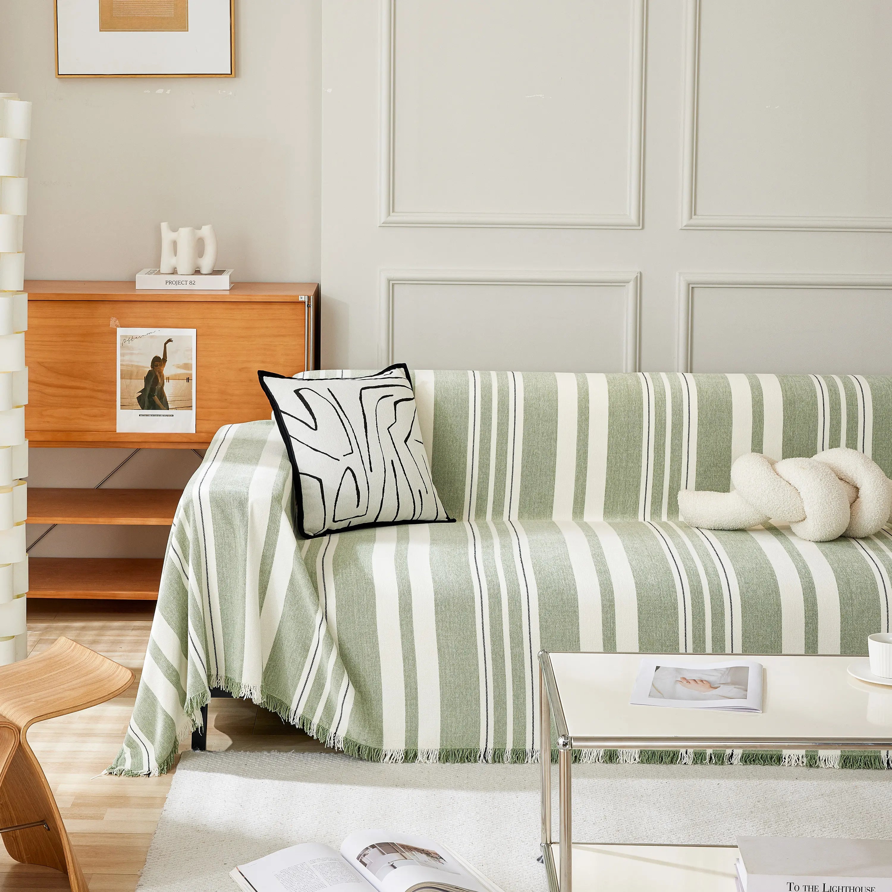 Striped Chenille Sofa Slipcover Throw, Soft Thick Washable Couch Cover Blanket