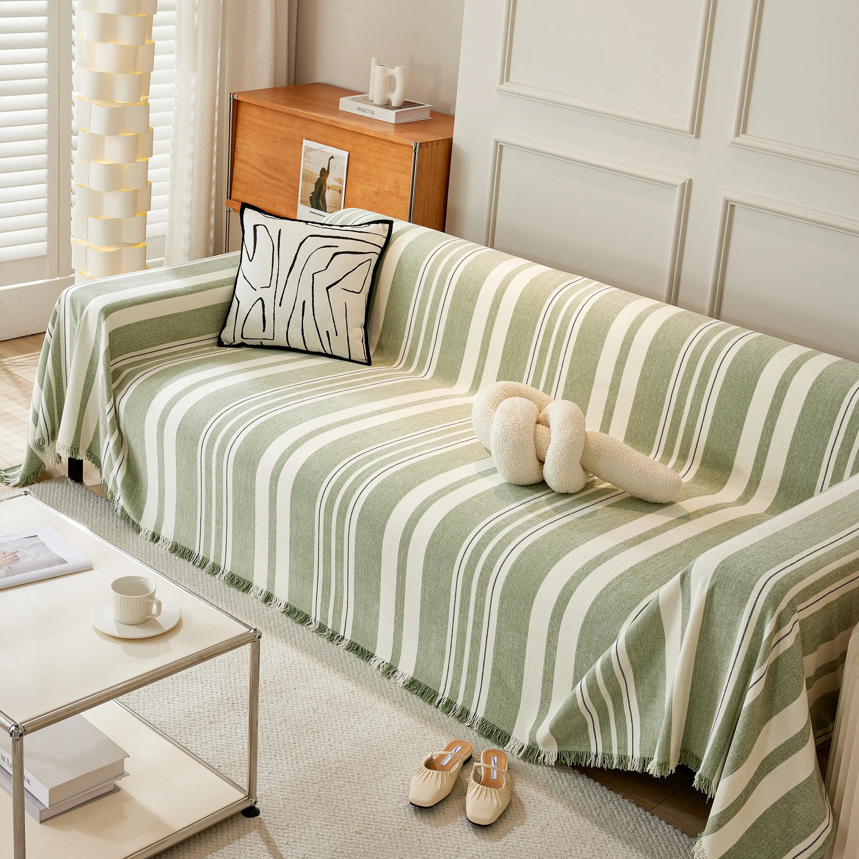Striped Chenille Sofa Slipcover Throw, Soft Thick Washable Couch Cover Blanket