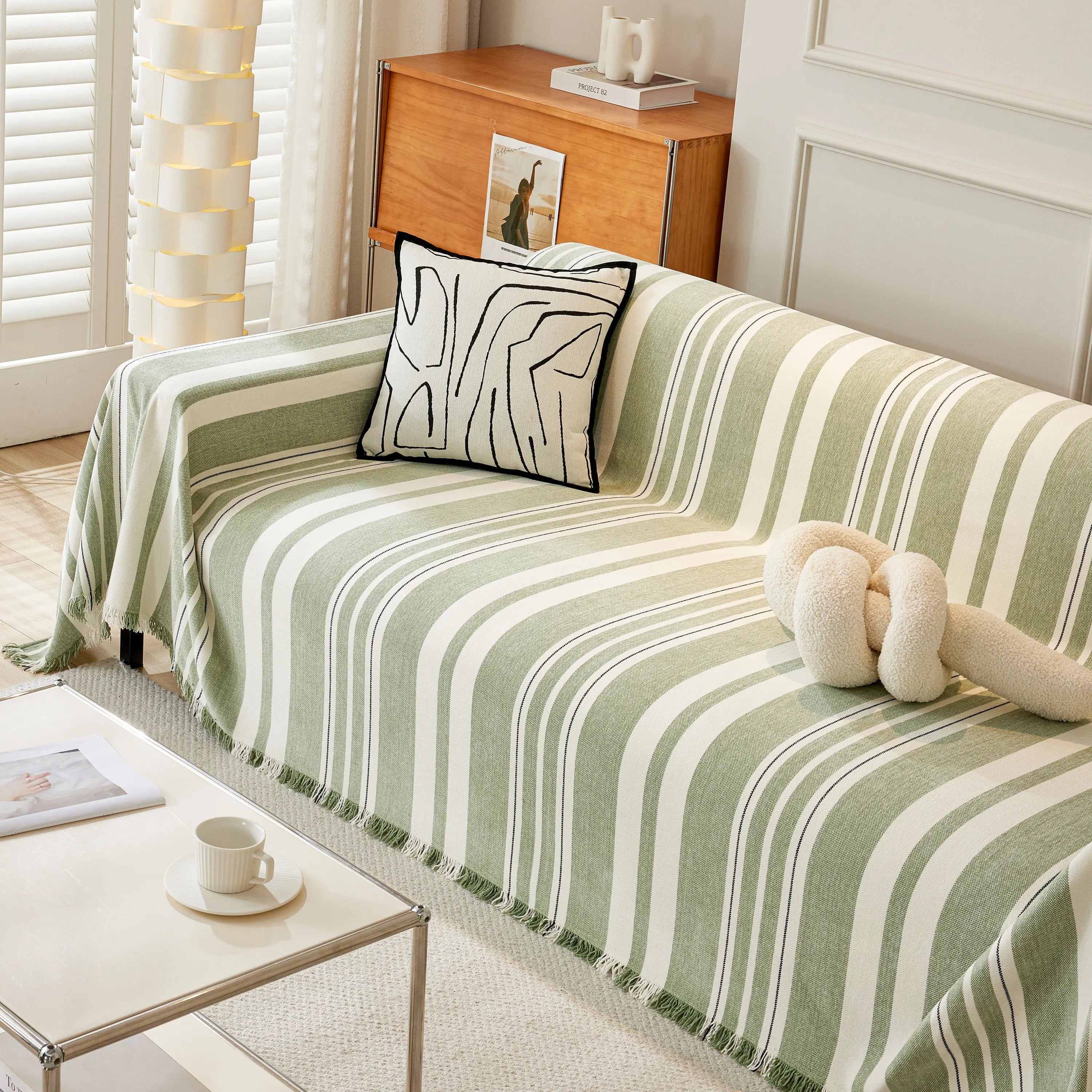 Striped Chenille Sofa Slipcover Throw, Soft Thick Washable Couch Cover Blanket