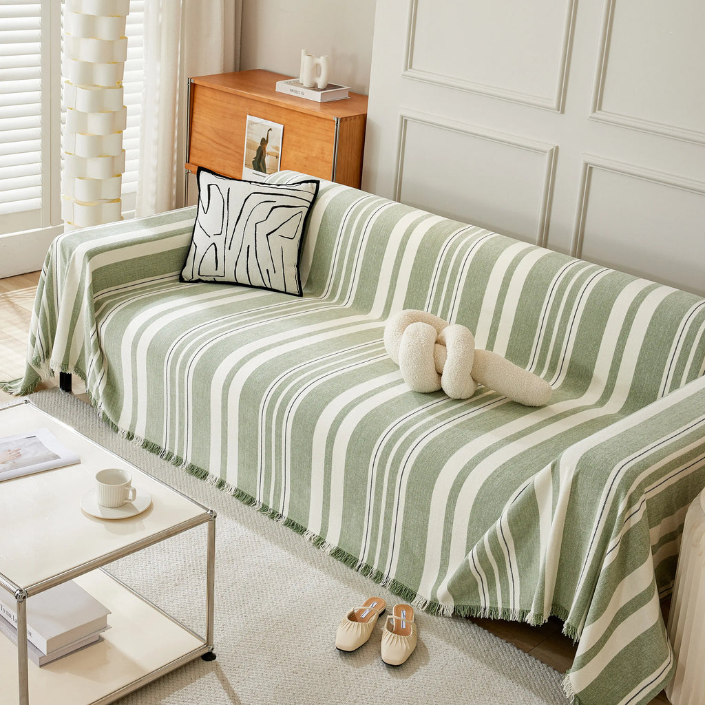 Striped Chenille Sofa Slipcover Throw, Soft Thick Washable Couch Cover Blanket