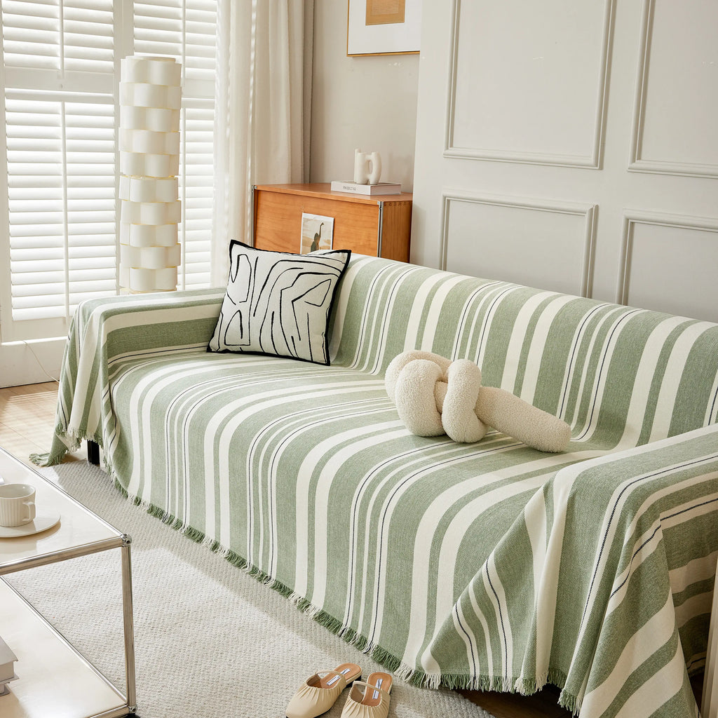 Striped Chenille Sofa Slipcover Throw, Soft Thick Washable Couch Cover Blanket