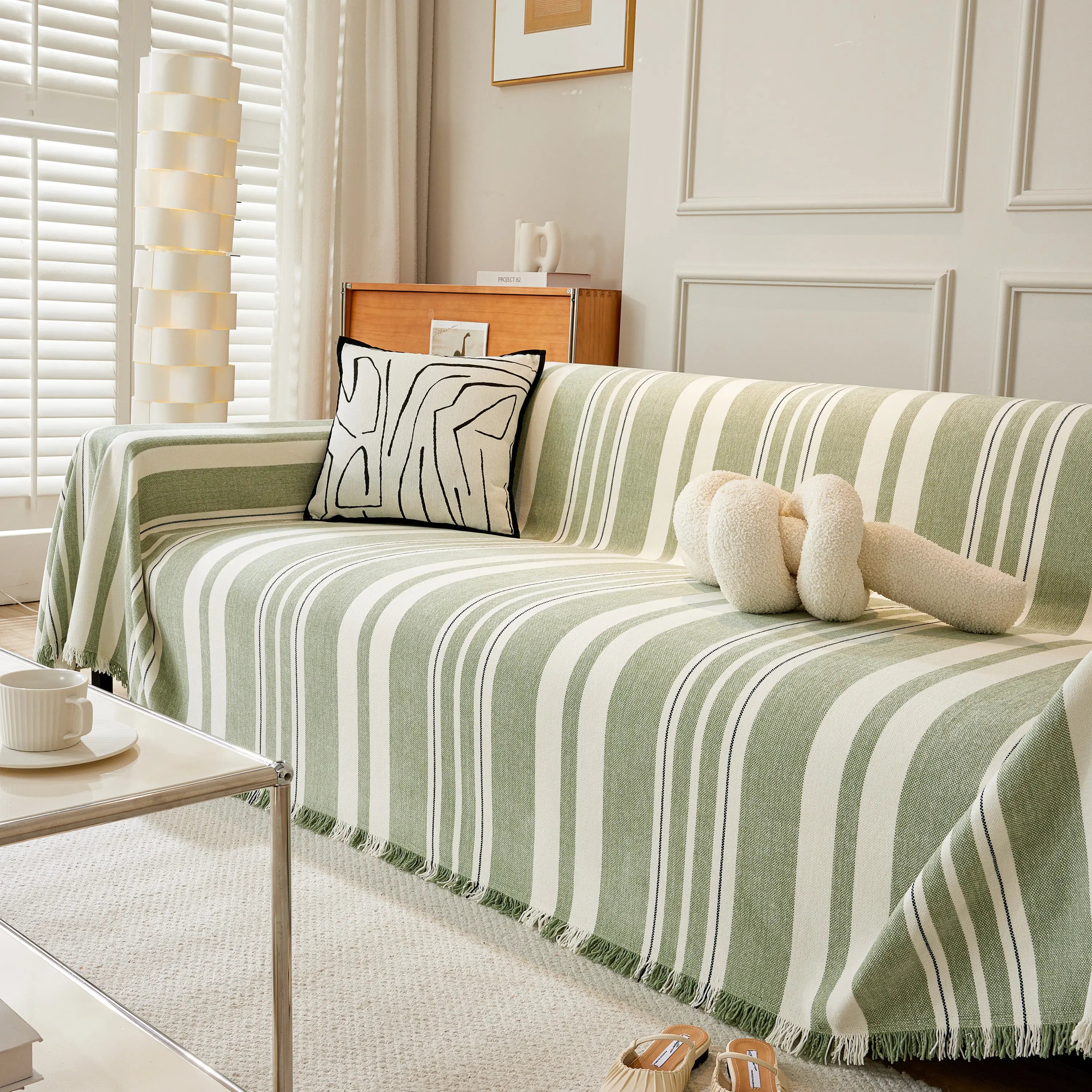 Striped Chenille Sofa Slipcover Throw, Soft Thick Washable Couch Cover Blanket