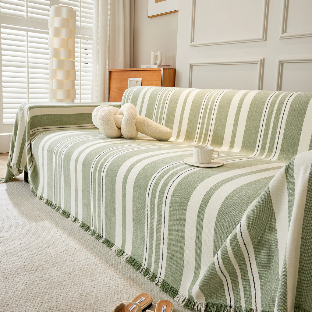 Striped Chenille Sofa Slipcover Throw, Soft Thick Washable Couch Cover Blanket