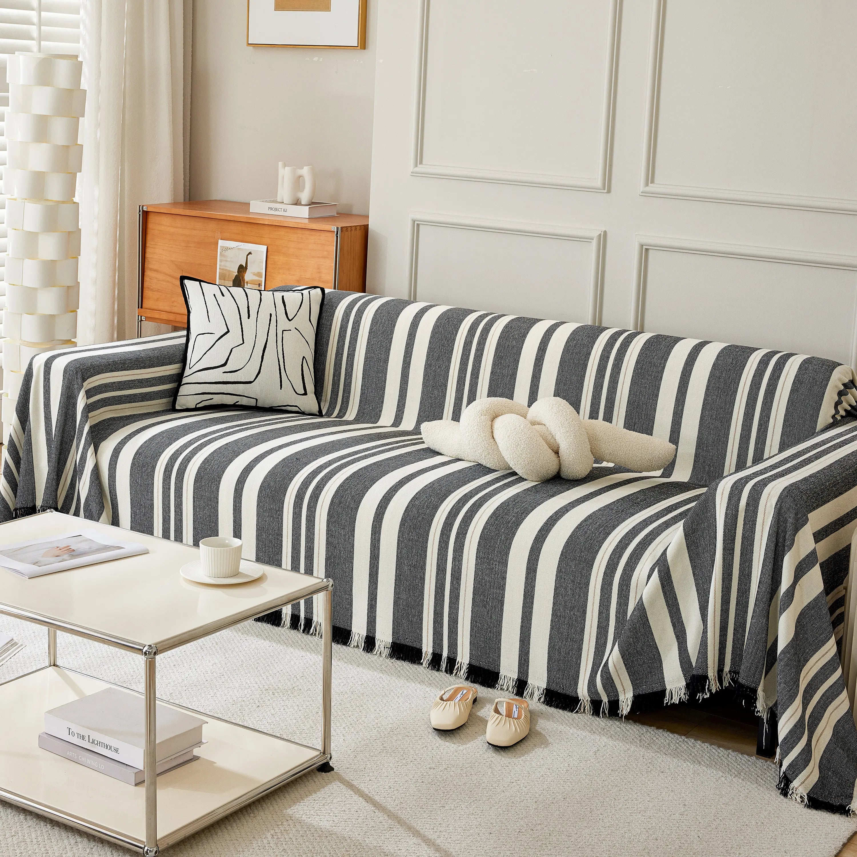 Striped Chenille Sofa Slipcover Throw, Soft Thick Washable Couch Cover Blanket