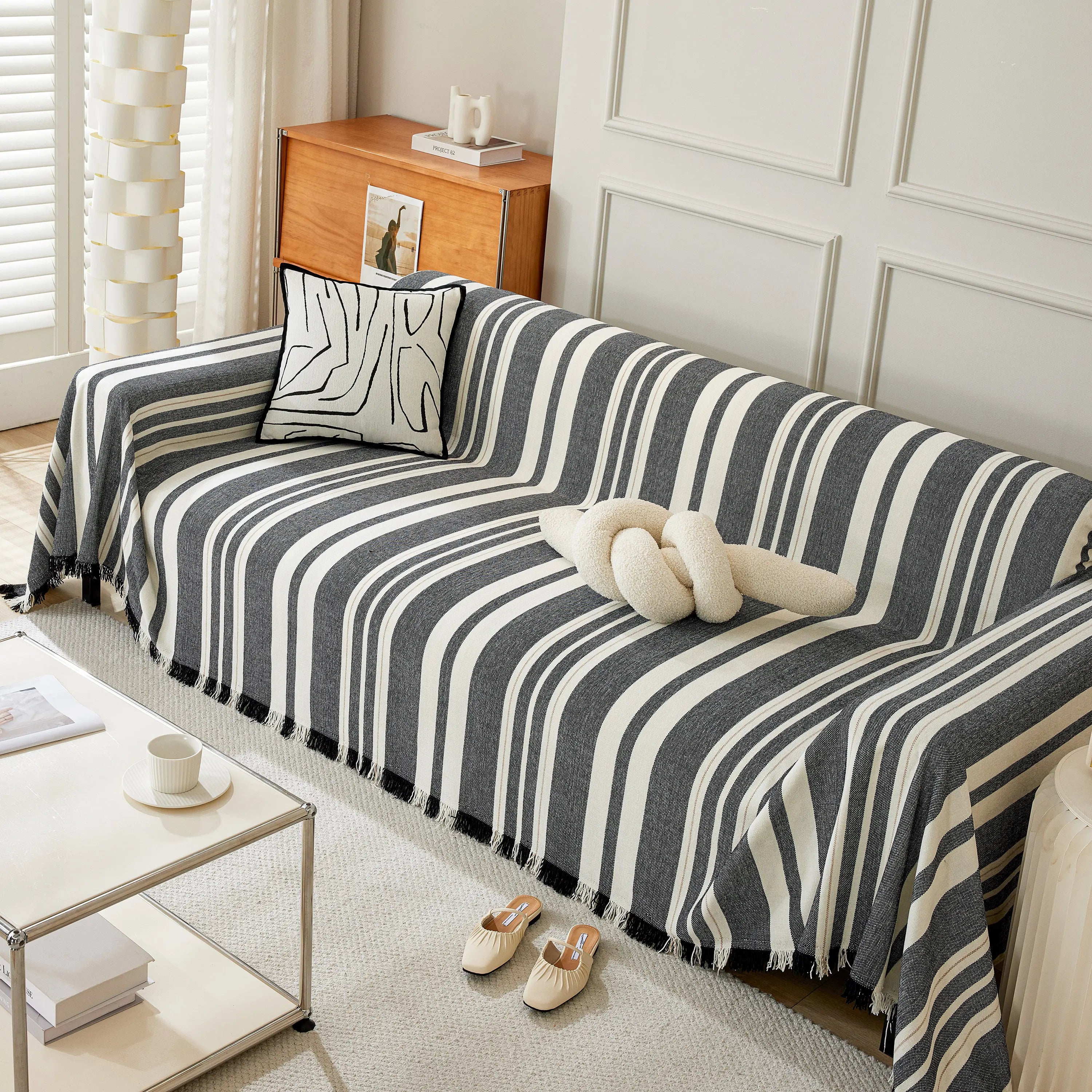 Striped Chenille Sofa Slipcover Throw, Soft Thick Washable Couch Cover Blanket