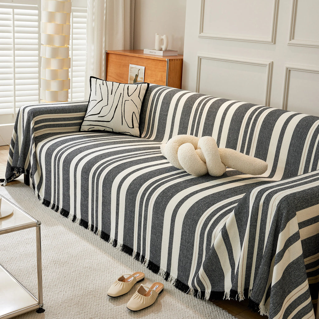 Striped Chenille Sofa Slipcover Throw, Soft Thick Washable Couch Cover Blanket