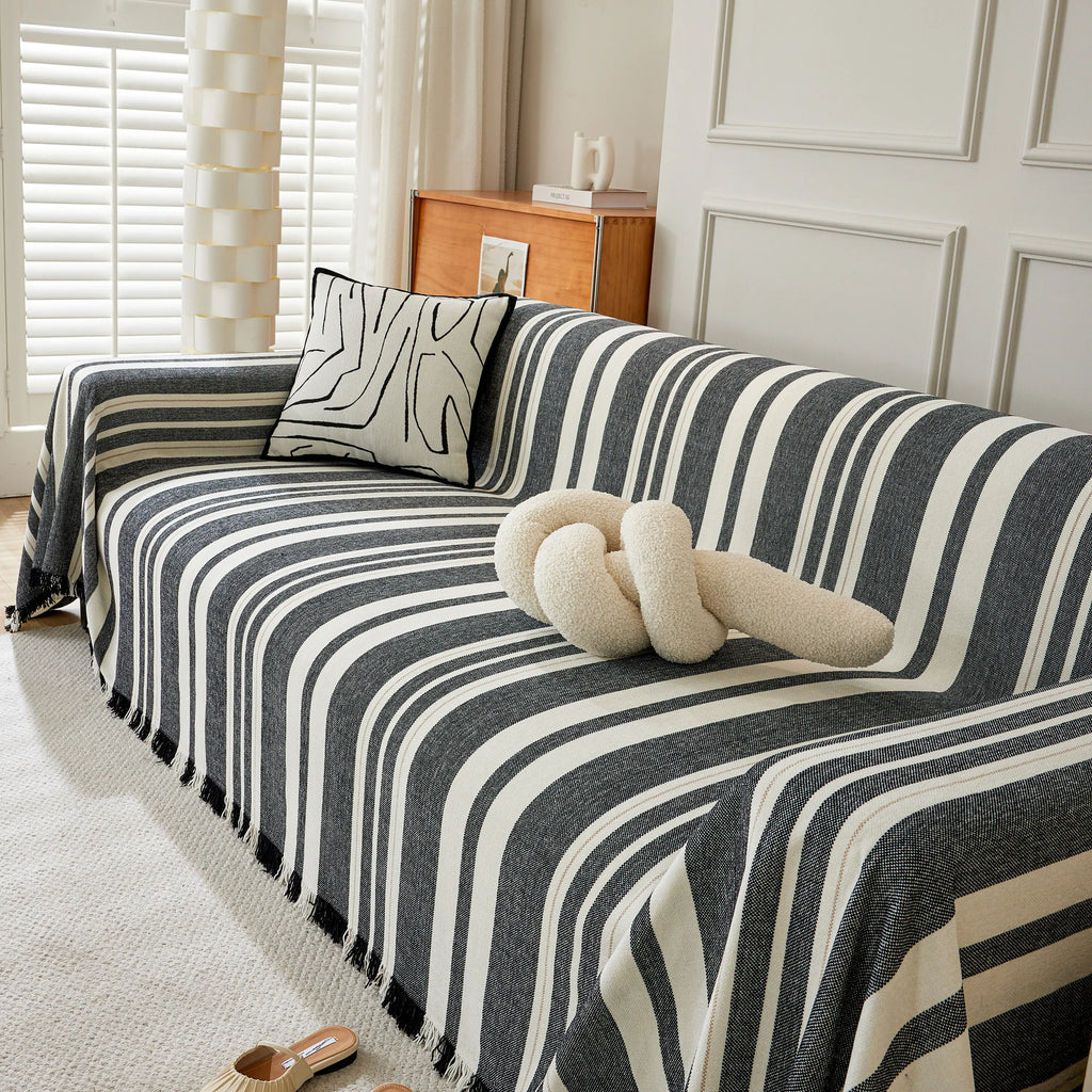 Striped Chenille Sofa Slipcover Throw, Soft Thick Washable Couch Cover Blanket