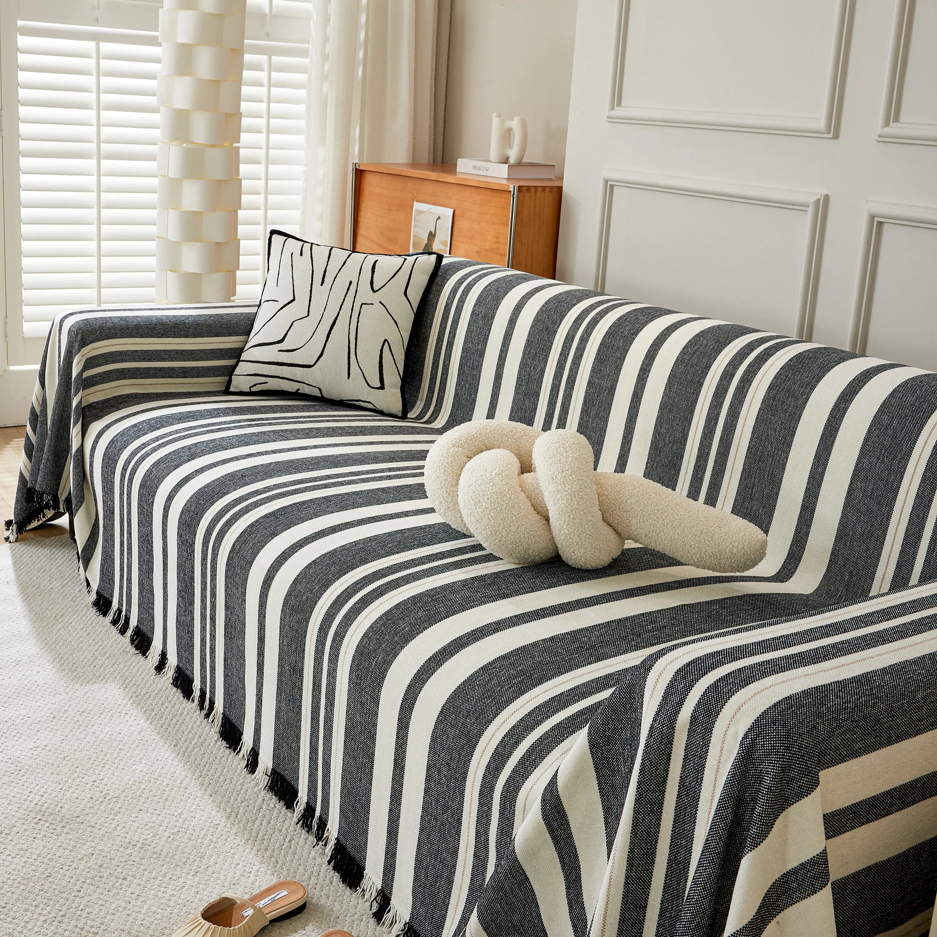 Striped Chenille Sofa Slipcover Throw, Soft Thick Washable Couch Cover Blanket
