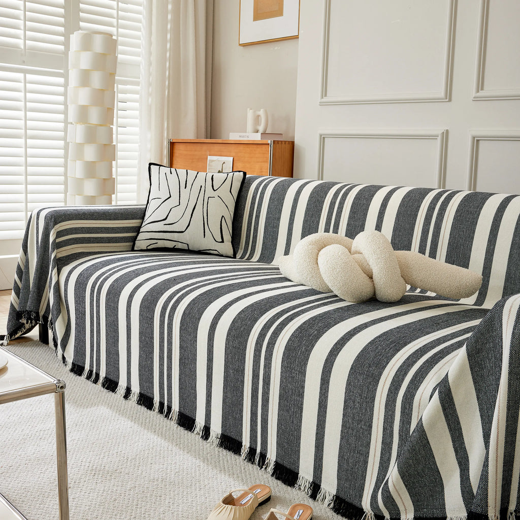 Striped Chenille Sofa Slipcover Throw, Soft Thick Washable Couch Cover Blanket